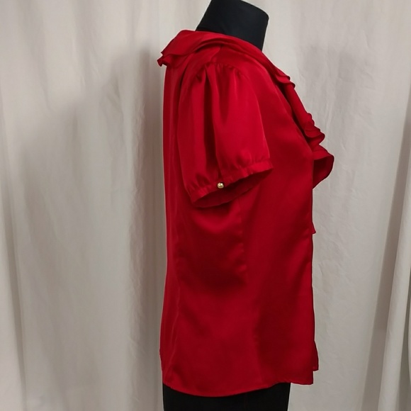 Red Satin Ruffled Short Puff Sleeve Blouse Dressy Rich Cherry Red Flirty Ruffles - Picture 3 of 7